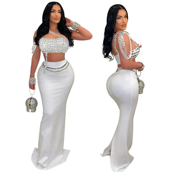 Trendy Bedazzled Gems Crop Top And Long Skirt Set