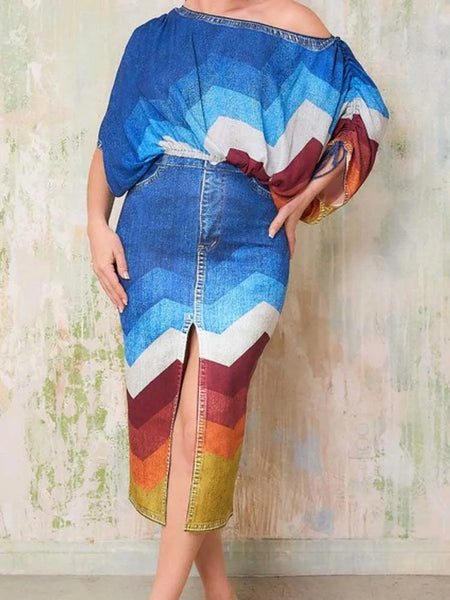 Trendy Two Piece Denim Open Split Skirt With Top