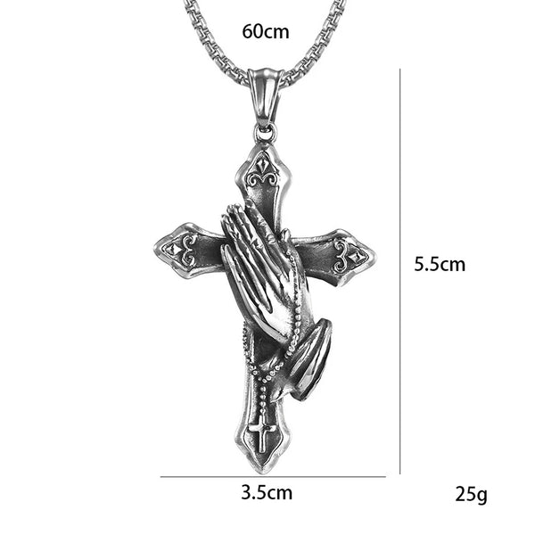 Trendy Stainless Steel Praying Hands On Cross Necklace