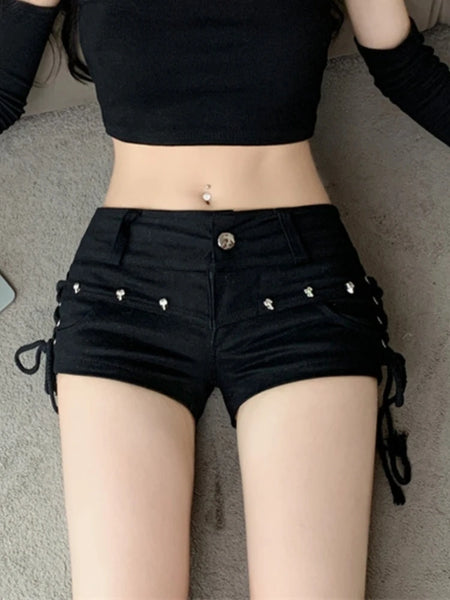 Trendy Lace Up Black Retro Shorts
