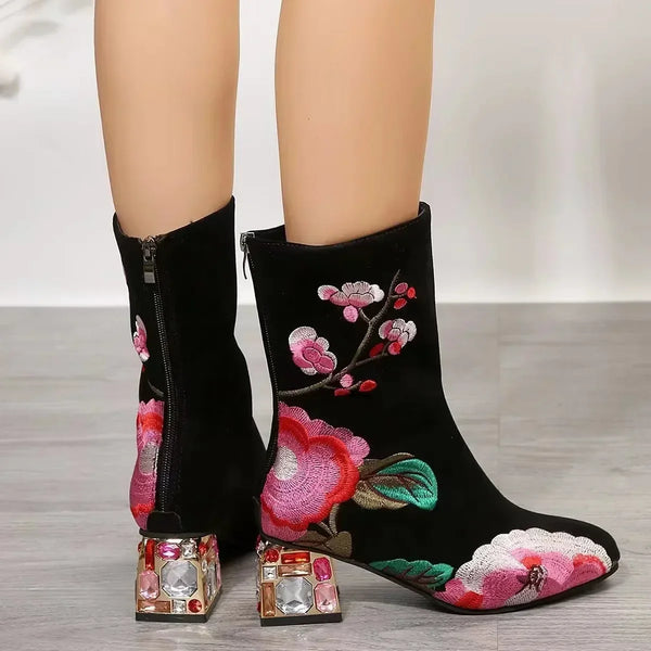 Trendy Floral Embroidered Glass Heel Boots