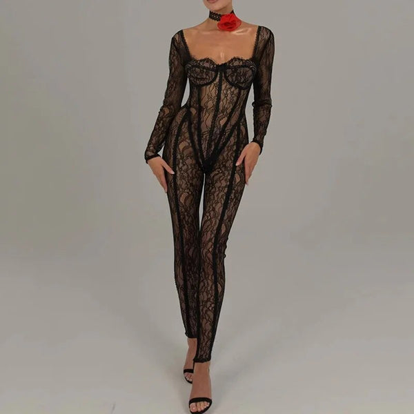 Trendy Mesh Lace Hollow Out Backless Jumpsuit - TrendsetterbyTracy Boutique