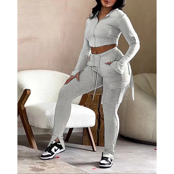 Trendy Hooded Casual Crop Jacket And Pants Set