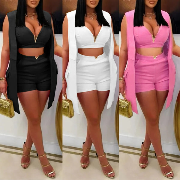 Trendy Three Piece Blazer With Corset Bra And Shorts Set