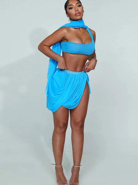 Trendy One Sleeve Mesh Fringed Crop Top And Skirt Set