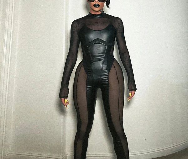 Trendy Black Faux Leather Mesh Patchwork Jumpsuit