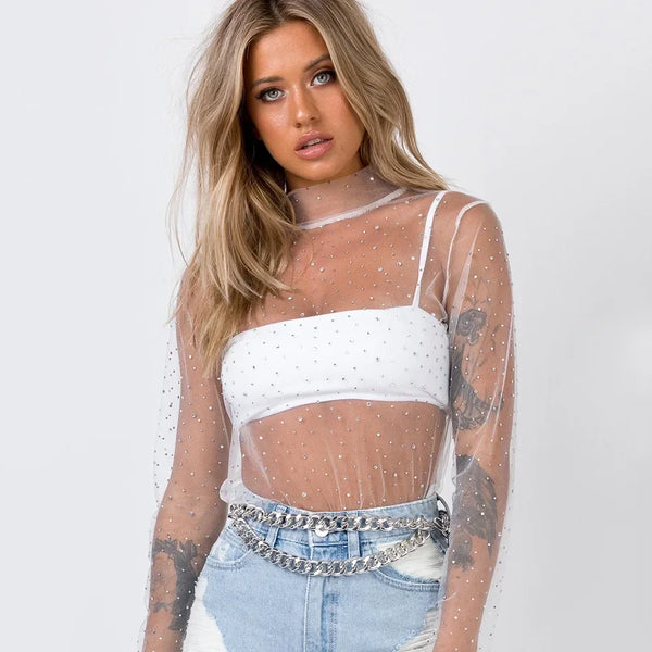 Trendy Mesh Sparkle Sequins Blouse