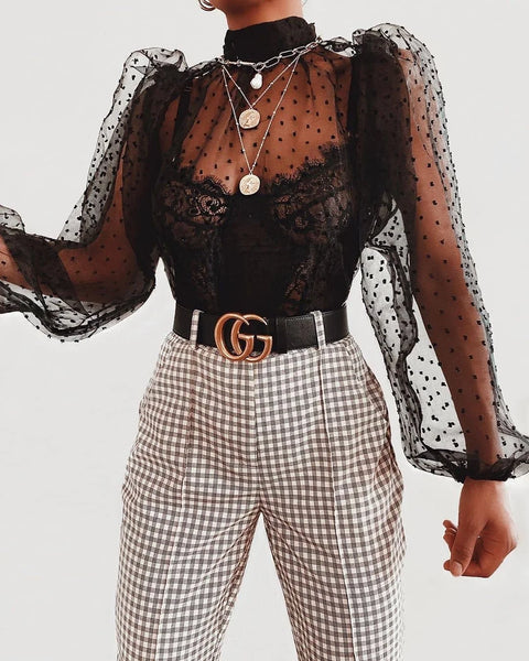Trendy Mesh Lace Puff Polka Dot Blouse