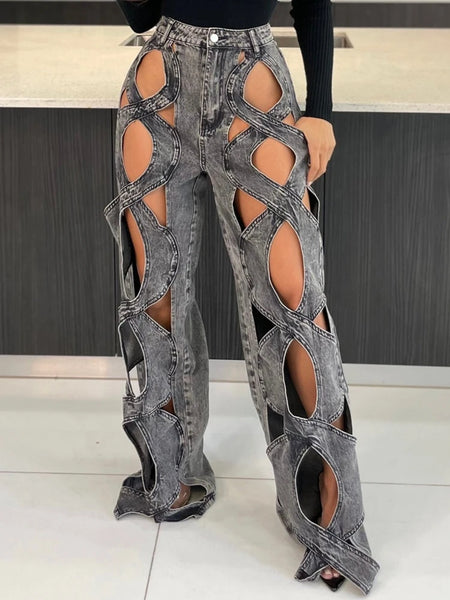 Trendy Hollow Out High Waist Patchwork Wide Leg Jeans - TrendsetterbyTracy Boutique