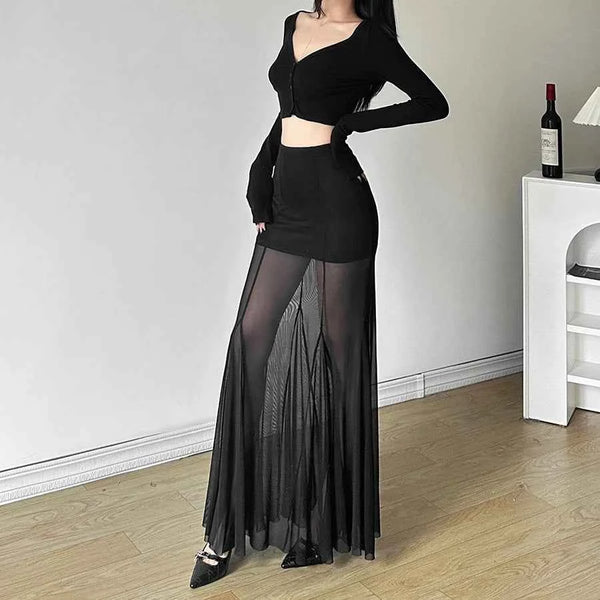 Sylcue 2024 Spring New Black Mysterious Sexy Hot All-match Trendy Personalized Women's Perspective Thin Skirt