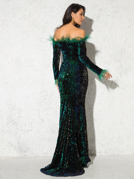 Trendy Sequin Feather Velvet Party Mermaid Dress - TrendsetterbyTracy Boutique