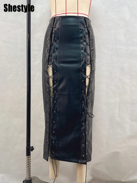 Trendy Lace Up Bandage Hollow Out Faux Leather Skirt