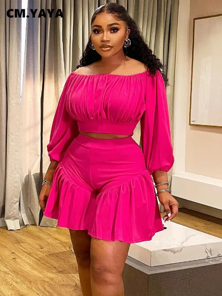 Trendy Plus Size Ruffle Low Cut Crop Top And Bottom Set
