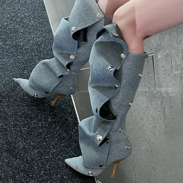 Trendy High Heel Pointed Denim Metal Button Artsy Boots - TrendsetterbyTracy Boutique