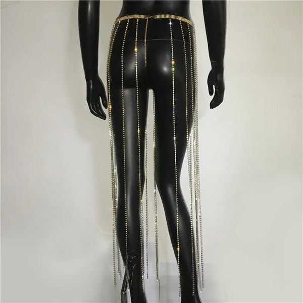 Trendy Glitter Rhinestone Long Tassel Chain Skirt