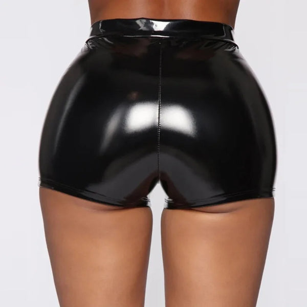 Trendy High Waist Faux Leather Black Shorts