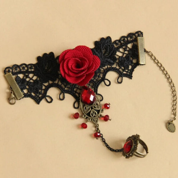 Trendy Red Rose Ring Bangle Bracelet