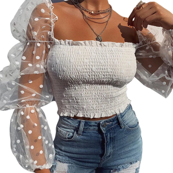 Trendy Sheer Mesh Polka Dot Crop Ruffle Blouse