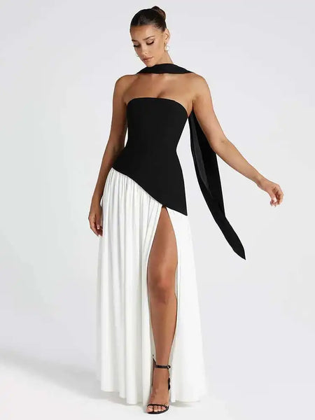 Trendy Black White Strapless Asymmetric Maxi Dress