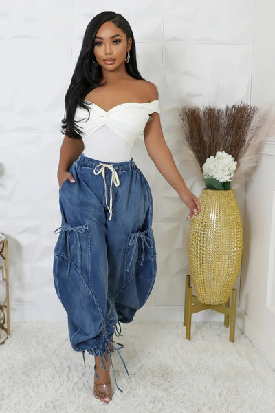 Trendy Bow Cargo Blue Denim Pants