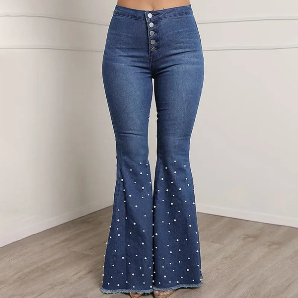 Trendy Rhinestone Flare Stoned Washed Denim Jeans