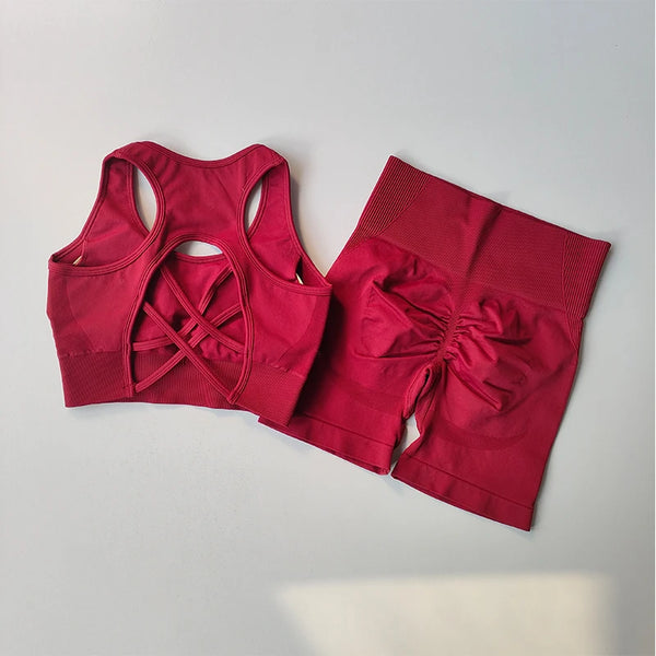 Trendy Yoga Crossed Two Piece Crop Top and Bottom Set