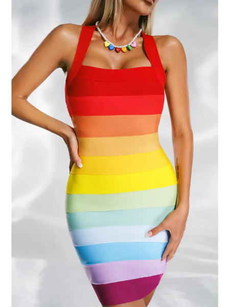 Trendy Rainbow Bandage Strap Party Dress