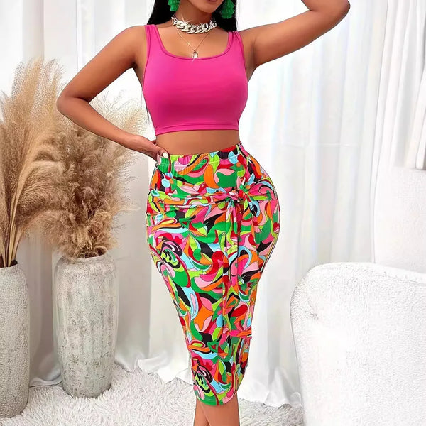 Trendy Multi Artsy Color Skirt With Solid Pink Crop Top