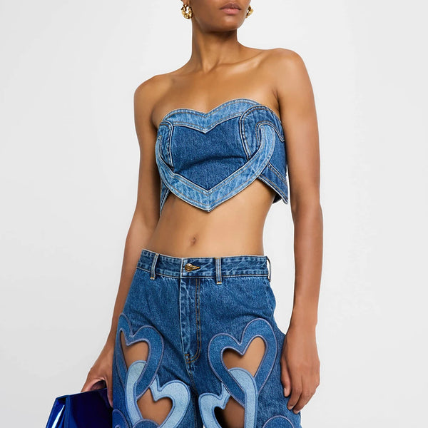 Trendy Heartfelt Two Piece Denim Hollow out Crop Top And Pants Set