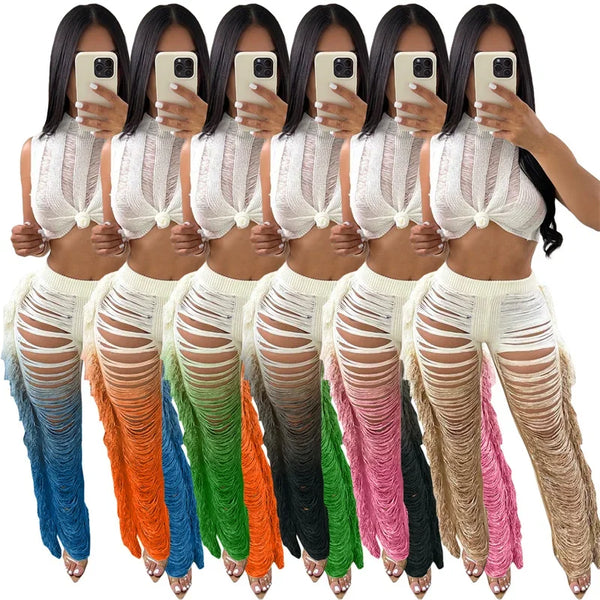 Trendy Transparent Crochet Crop Top And Bottom Set