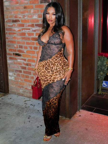 Trendy Leopard Patchwork Mesh Maxi Dress