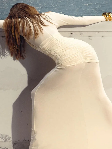 Trendy Long Sleeve Mesh Maxi Cross Top Dress