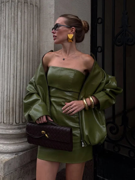 Trendy Green  Biker Leather Jacket and Skirt Set
