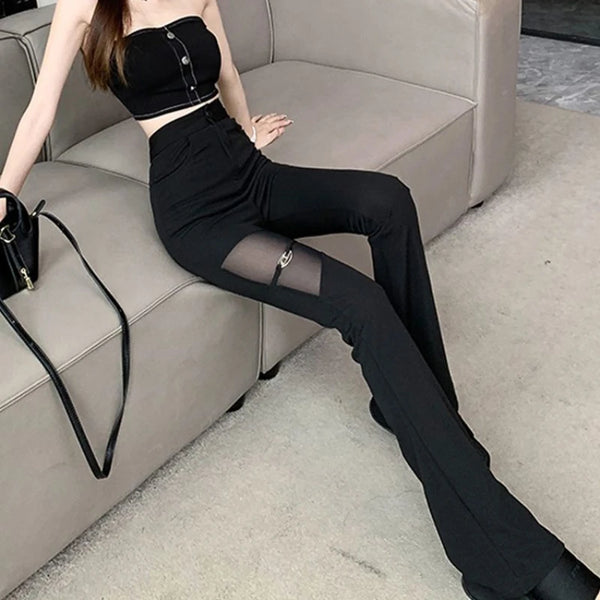 Trendy Black High Waist Hollow Mesh Pants