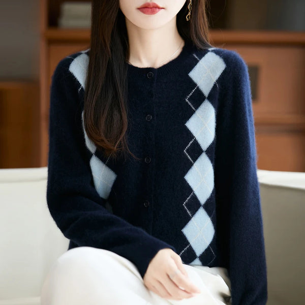 Trendy Merino Wool O-neck Diamond Grid Cardigan Sweater