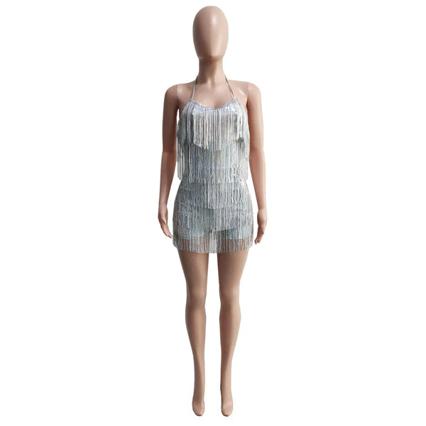 Trendy Sequined Lace Fringe Romper