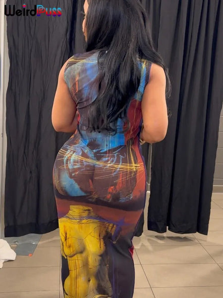 Trendy Mesh Sleeveless Aesthetic Print Party Dress - TrendsetterbyTracy Boutique