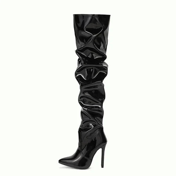 Trendy Over The Knee Pointed Patent Faux Leather Heel Boots