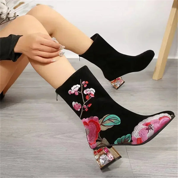 Trendy Floral Embroidered Glass Heel Boots