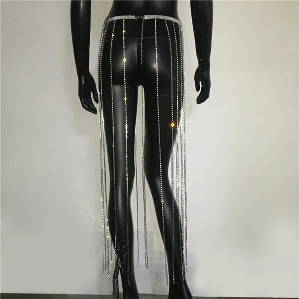 Trendy Glitter Rhinestone Long Tassel Chain Skirt