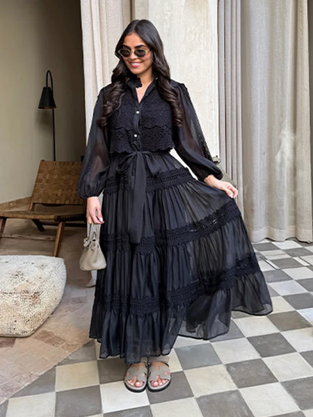 Trendy Lace Patchwork Puff Sleeve Bogemian Dress