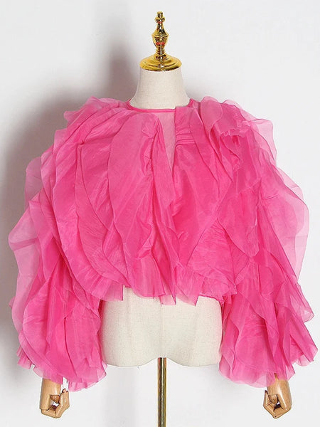 Trendy Lantern Mesh Ruffle Blouse