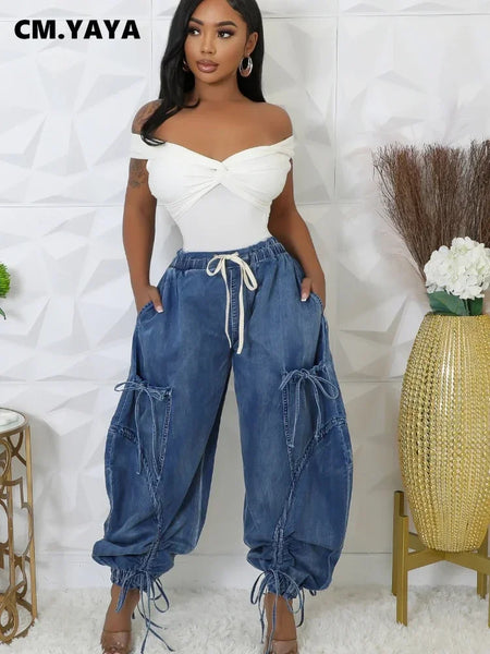 Trendy Bow Cargo Blue Denim Pants