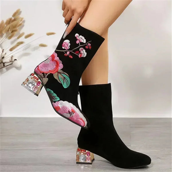 Trendy Floral Embroidered Glass Heel Boots