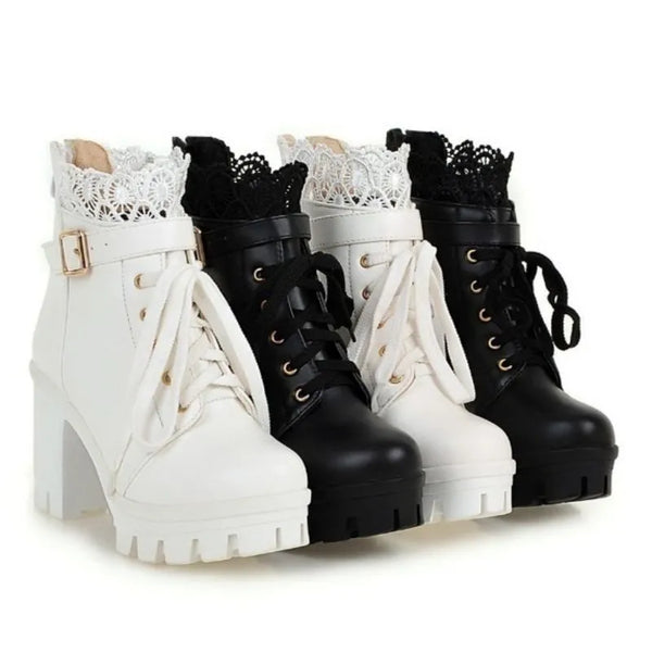 Trendy High Lace Decor Platform Heel Boots - TrendsetterbyTracy Boutique