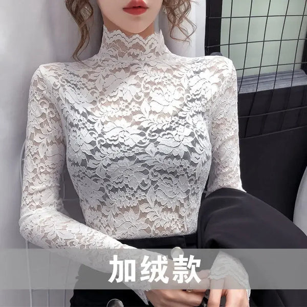 Trendy Mesh Long Sleeve Turtleneck Lace Blouse