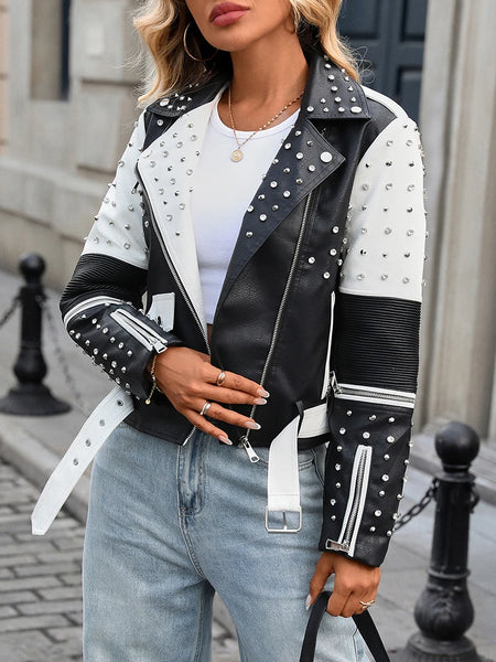 Trendy Autumn Black & White Faux Leather Jacket