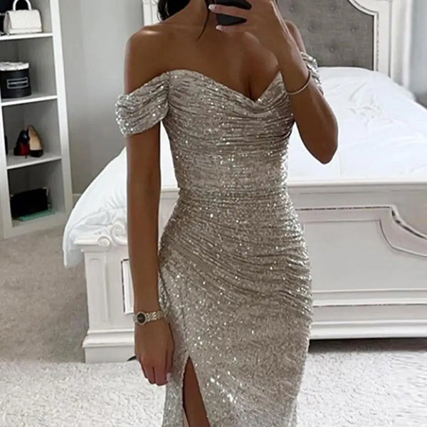 Trendy Formal Elegant V Neck Shoulder Sequin Dress