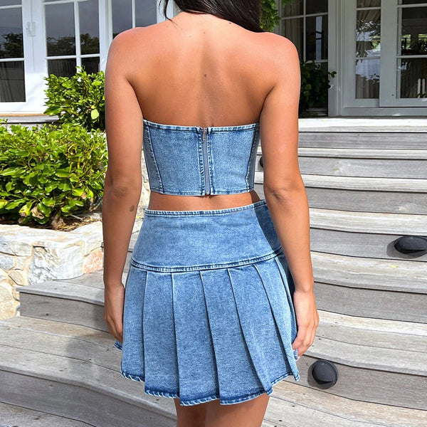 Trendy Two Piece Pleated Denim Skirt And Top Set
