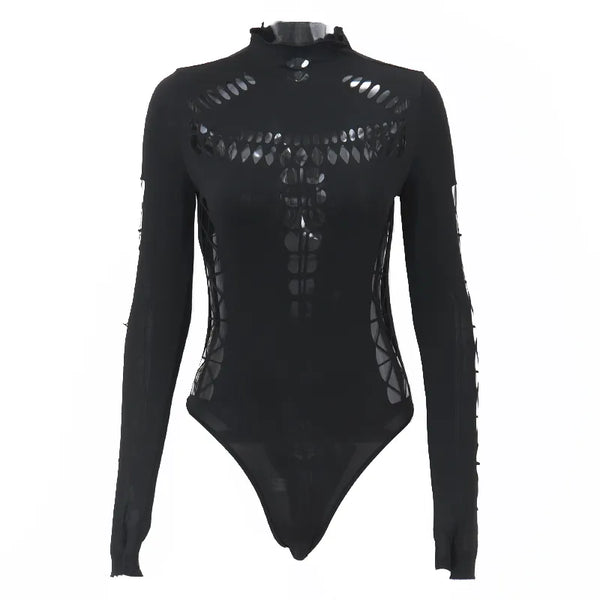 Trendy Solid Black Punk Hollow Out Bodysuits - TrendsetterbyTracy Boutique